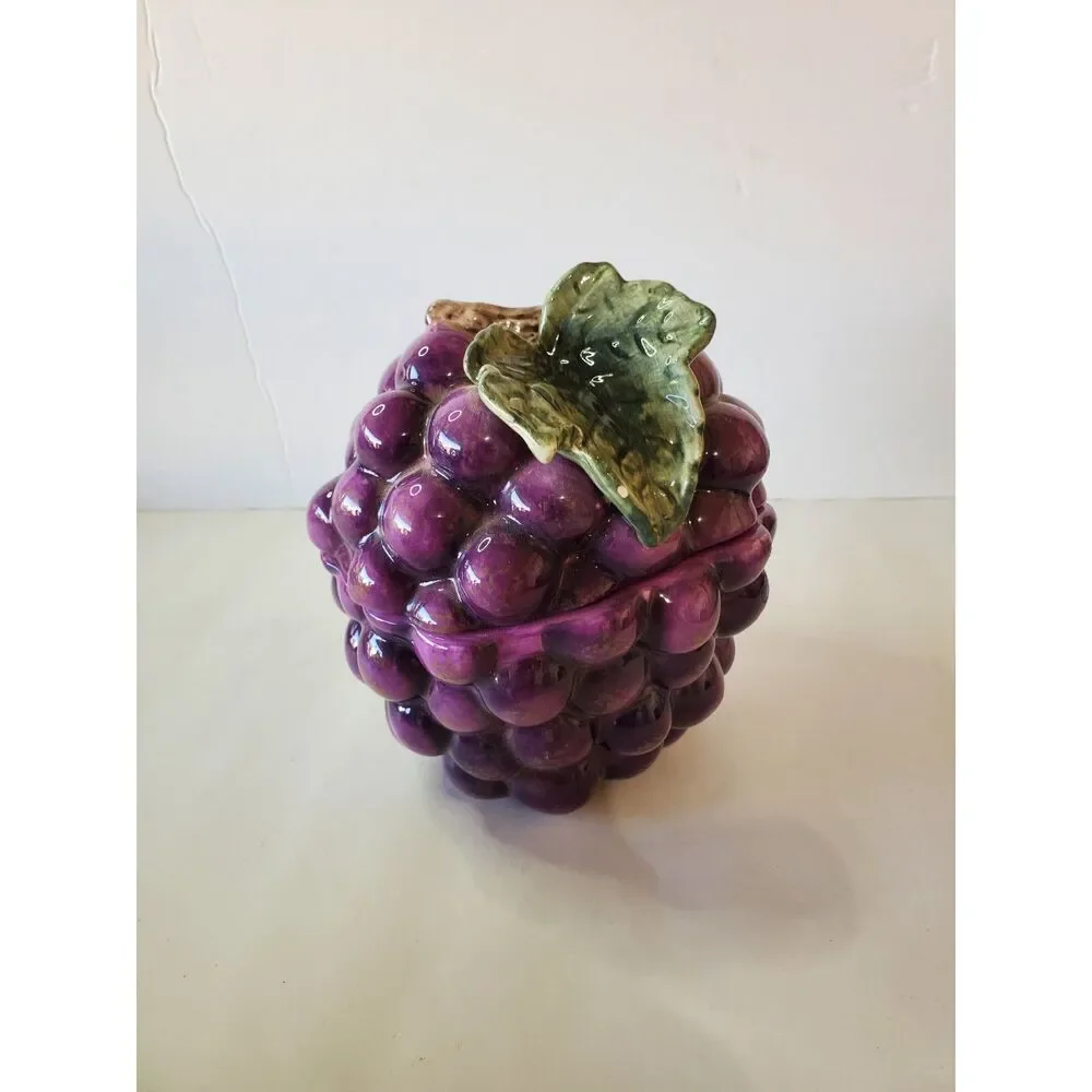 Vintage CIC Hand Painted Grape Small Ceramic Canister Jar Signed Lisa Leaf